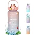SIOPAWORLD 2000ml Sports Gallon Motivational Water Bottles 2 Litre with Time Marker Wide Mouth GYM Outdoor Plastic Water Bottle with Straw & Handle, Leak proof BPA Free Fitness Water Bottle Pink/ Blue