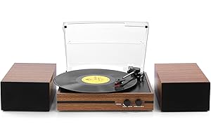 MERSOCO Retro Vinyl Record Player Bluetooth Desktop Phonograph Belt-Drive Turntable with External Speakers,Dual Stereo Speakers LP Players AUX Headphone Input RCA Out, 3 Speeds 3 Sizes Wood Brown