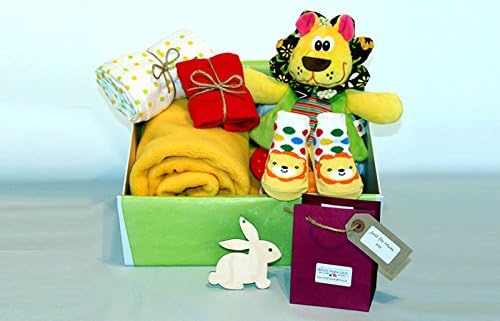 'Wild at Heart' - New baby gift hamper- Gift Box - Soft blanket - Lion Comfort Blanket - Character Socks - 100% cotton muslin - 100% cotton bright red bib - Essential oil gift for mum.Baby gift box, baby boy gift, baby girl gift, new baby gift hamper, baby shower gift, baby gift basket, baby hamper gift, baby gift box, maternity gift, mummy pamper gift.