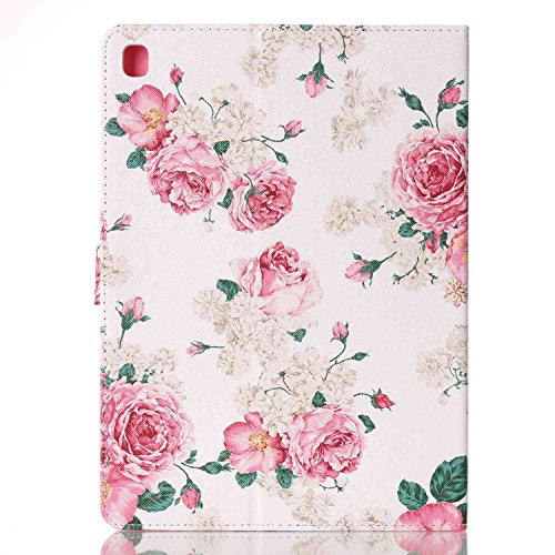 Etsue für Apple iPad Pro 9.7 Zoll [Rot Rose Blume] Ledertasche Case Hülle,Bunte Retro Painted Leder Schutzhülle Smart Case Ultra Slim Flip Folio Etui Tasche Leder Case mit Standfunktion Kartenfächer Magnetverschluss im Bookstyle für Apple iPad Pro 9.7 Zoll + 1x Glitzer Staub Stecker + 1x Blau Eingabestift - 3