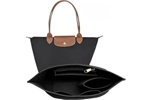 ZKFSIE Bag Organiser for Longchamp, Black Felt Handbag Insert Organizer with Zipper, Multi-Pocket, 7 Compartments, Elegant Classic Style