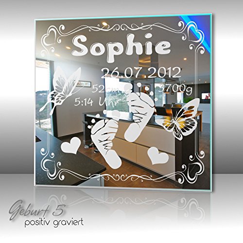 Motivspiegel Geburt 5 Spiegel mit Gravur Geschenk zur Geburt Wandbild Dekoration (30x30cm) - 2