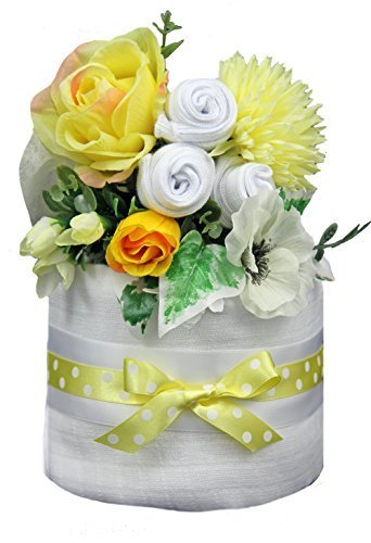 New 1 tier Yellow nappy cake with sock posy for baby unisex (maternity, shower gift present)