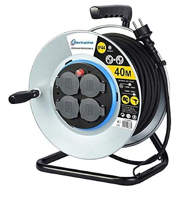 Electraline 208683 Enrouleur Electrique Professionnel 40M pour chantier en Métal 4 prises IP44 avec Guide pour le câble, Platine fixe et poignée ergonomique