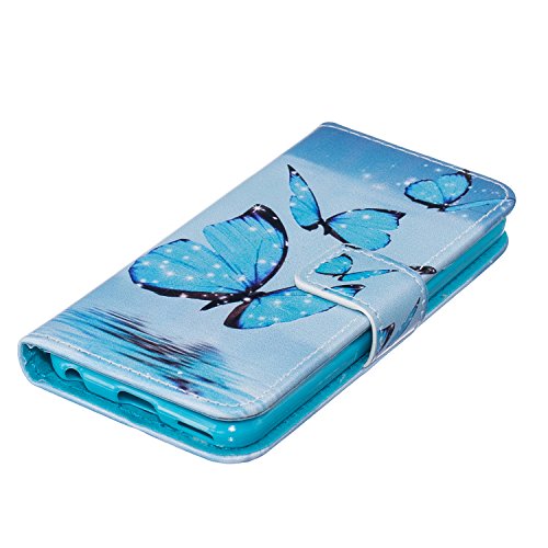 iPod Touch 5G Bunte Ledertasche,iPod Touch 6G Schutzhülle Brieftasche, Aeeque® Flip Bookstyle Schick Blau Schmetterling Muster mit Weich Silikon Innere Standfunktion Kartenfächer Magnetverschluss PU Leder Handytasche Etui Schutztasche für iPod Touch 5 / 6 - 4