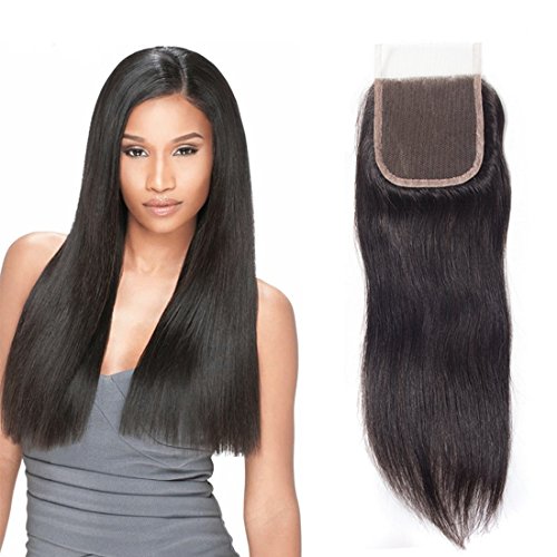 Brazilian Hair Closure Full Lace Front 4x4 Single Bleached Knots Silk Base Free Part Remi Straight Human Hair For Weave ?16 Inches natural color? ...
