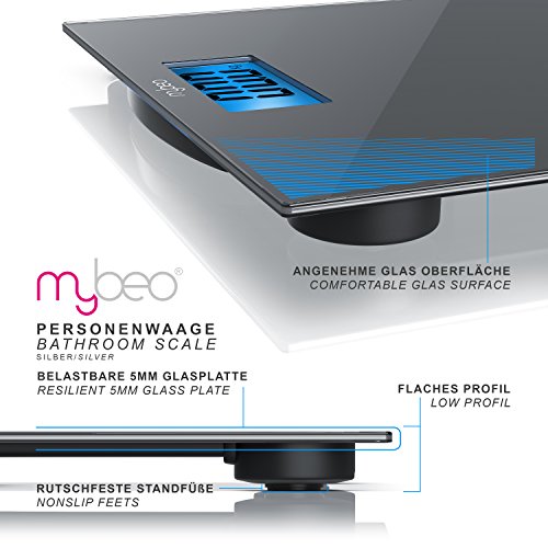 MyBeo – Digitale Personenwaage / Körperwaage | im Slim Design | max. 150kg | 4x DMS Mess-Sensoren | Kg, lb, st Einheit wählbar | 3,5″ (8,9cm) LED-Display - 4