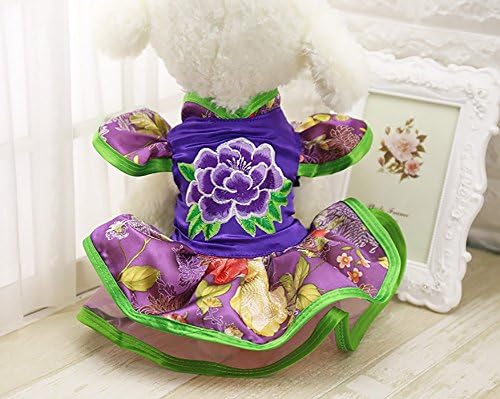 Limiz Dog Dress,Peony Tang Suit Costume Hallowmas Christmas Chinese New Year Pet Small Dog Skirt Chest Protector Siamese Dress 5 Size (Color : Purple, Size : XXL)