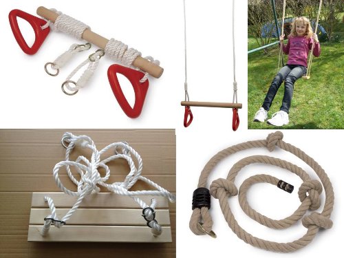 Equilibre et Aventure  Lot Complet 1 balançoire en Bois rectangulaire + 1 trapèze Double à poignées + 1 Corde à Noeuds pour Tout portique Norme européenne