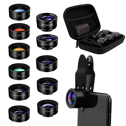 AFAITH 11 en 1 Kit d'Objectif Zoom pour Téléphone Smartphone, Téléobjectif Zoom 2X, Objectif Macro 20X, Grand Angle 120 °, Fisheye 198 °, CPL, Objectif Starburst, Kaléidoscope, 4 Filtres de Couleur