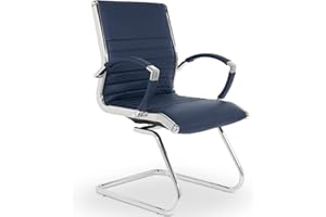 VERSEE Premium Echt-Leder Besucherstuhl Montreal in Blau mit Armlehne - Freischwinger mit Chrom für Büro und Konferenzräume - Belastbar bis 150kg