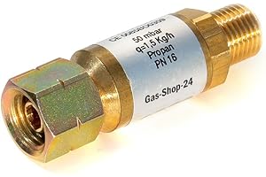 GAS-SHOP-24 Gas Schlauchbruchsicherung 50 mbar - 1,5 kg/h - 1/4" Sicherung für gewerbliche Gasananlage Gewerberegler Druckminderer, Gasschlauch, Gaskocher Hockerkocher Gasbräter