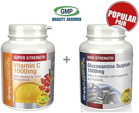 SimplySupplements Vit C 1000mg, Rosehip & Citrus Bioflavonoids 360 tablets + Glucosamine Sulphate 1000mg 360 capsules |Helps to support cartilage formation