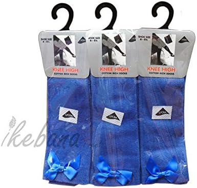 Bow Knee High School Girls &amp; Kids Plain Long Length Cotton Stretch With all size &amp; colour (Set of 6 pairs) (UK 4-6.5 (EU 36-39), Royal Blue)