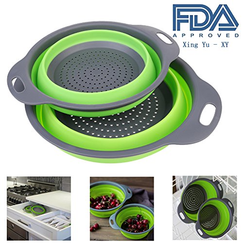 2 Stück Collappsible Colander Set, Silikon Faltbarer Seiher Abtropfsieb Home Küche Faltbar Silikon-Filter Utensil Set Gemüse Obstkorb (Grün+Grau) [Energieklasse A+]