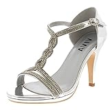 zapatos plateados boda Diseño De Barra En T Viva Mujer Diamante T-Bar Medio Talón Boda Fiesta Metálico Sandalias Zapatos - Plata KL0312B 7UK/40