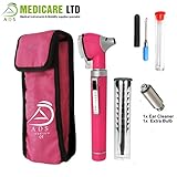 ADS Medicare Pink Mini Otoscope ENT Optical Fibre LED Illumination Medical Diagnostic Examination CE Approved with Complimentary Ear Wax Cleaner and Extra Bulb