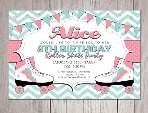 10x Personalised Children's Party Invites with Envelopes. Roller Skates Theme