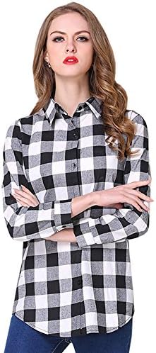 Caleen6 Women Long Sleeve Botton-Down Shirt Plaid Slim Blouse