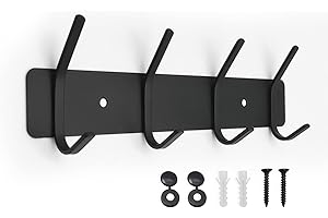 SYPEN Coat Hooks Wall Mounted, Heavy Duty Coat Rack for Robe, Hats, Clothes, Hangbags and Purse, Metal Key Hooks with 4 Hangers Rails, Matte Black