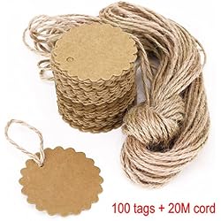 JZK 100 papel etiquetas regalo papel kraft + 20 m cuerda juta, etiquetas precio equipaje regalo para boda fiesta cumpleaños caja favor bolso caja regalo marcador bricolaje,marrón redondo tarjeta kraft