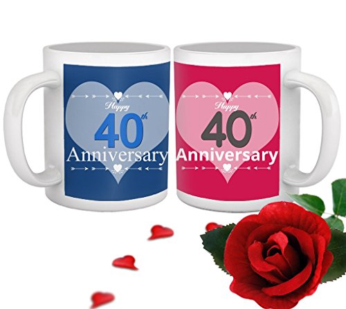 TIED RIBBONS 40th Marriage for Parents Father Mother Brother Sister Friend Collegue Relatives Set of 2 Printed Coffee Mugs with Rose(325ml Each,Blue,Pink)