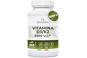 Bandini® Vitamina D3 + K2 365 compresse 5000 U.I., 30.000 UI al mese, Qualità Premium, 100mcg K2-99,7+% All-Trans K 2-MK7 + 5.000 UI di Colecaciferolo, Ossa, denti, Sistema Immunitario, 100% Vegan