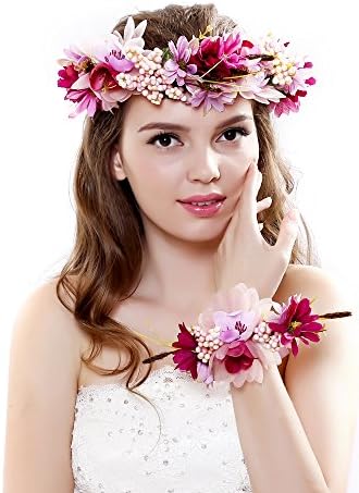 Gminerla Bride women Rose Flower floral wrist flower girl garland crown Hairband Wedding Flower Garland Headband Festival flower wreath Elastic Headress Hair Accessories (Purple)