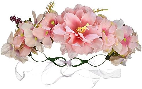 OKBO Flower Floral Headband Crown Garland - Adjustable Bohemian Bridal Flower Wreath Wedding Headpiece for Women Girls Hair Accessories Festival Wedding Party Pink