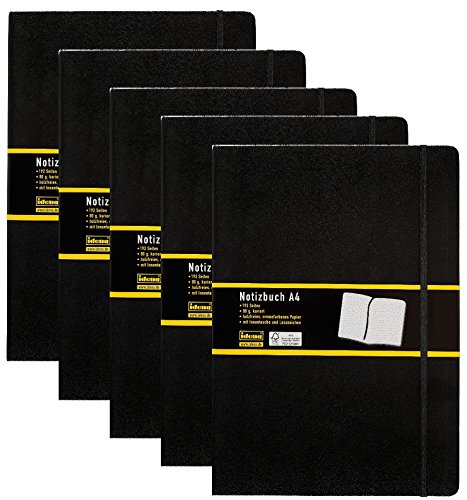 5er Sparpack Idena 209280 - Notizbuch DIN A4, 192 Seiten, 80 g/m², kariert, schwarz (DIN A4 | 5 Stück, kariert)