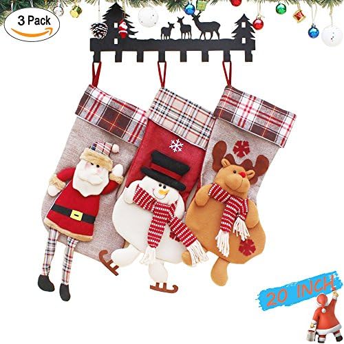 3 Pack Lovely Christmas Stockings: Santa, Reindeer, Snowman Xmas Character 3D Plush Linen Hanging Tag Knit Border