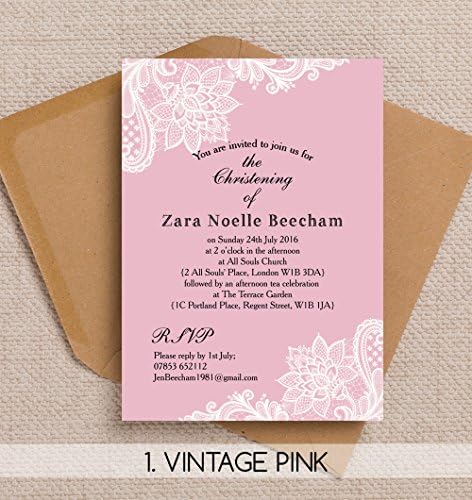 10 Personalised Vintage Pink Lace Christening / Baptism Invitations with Envelopes