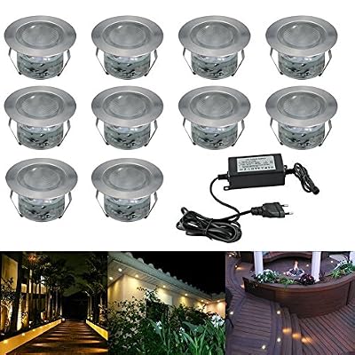 7Colors FVTLED 10x Spot LED Eclairage extérieur Encastrable Sol Terrasse Bois, IP67 DC12V 1W Avec Alimentation EU - Décor Pour Jardin Chemin Escalier Patio, Blanc Chaud