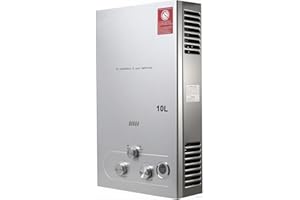 SUDEG 10L Gas Durchlauferhitzer,20KW LPG Warmwasserbereiter Instant Heißwasserbereiter Flüssiggas Durchlauferhitzer Warmwasserspeicher mit Plating-Duschkopf-Set,Silber