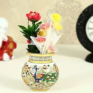 Marble Flower Pot in Round Shape with Peacock Painted by Handicrafts Paradise