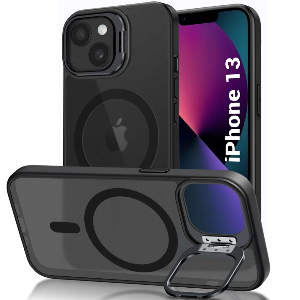 TheGiftKart Hybrid Back Cover Case for iPhone 13 Compatible with MagSafe | Built-in Stand | Shockproof Hard Case Cover for iPhone 13 (PC & TPU, Frosted Matte Back, Black Sides)