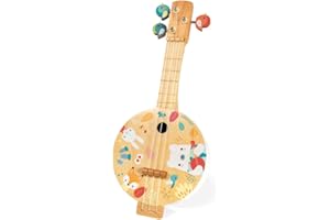 Janod - Banjo Pure en Bois - Imprimé de Jolies Illustrations, Peinture à l'Eau - Clefs d'Accordage en Forme d'Oiseau - Jouet d'Imitation - 3 Cordes de Rechange - Banjo Enfant, de 3 à 8 Ans, J05160