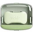 Augenblick Soap Holder with Drainage & Lid, Plastic Self Adhesive Wall Mount Bar Dish Holder for Bathroom Shower - Green
