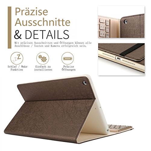 boriyuan Apple Ipad Air 2 Ultra Slim Alu Bluetooth Tastatur mit Ipad Air 2 2014 Case Schutzhülle Schale, unterstütztung 7 farbige Hintergrundbeleuchtung (Leder Case mit Alu Deutsch Tastatur Braun) - 2