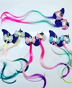 Arpit Mart Imported Stuff Mixed Colors Unicorn Girls Curly Wave Hair Extensions Clips (Set of 2 Pairs)