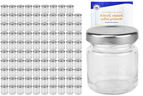 100er Set Rundgläser 53 ml Deckelfarbe silber TO 43 inkl. Diamant Gelierzauber Rezeptheft, Einmachgläser, Einkochgläser, Vorratsgläser, Mini Sturzgläser, Obstgläser, Portionsgläser, Gläser