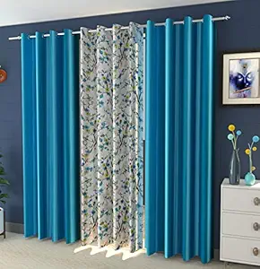 Mansi Texo Fab Polyester 7Ft Curtain Drapes for Door - 2 Plain & 1 Floral Curtain Panels for Home & Office - Eyelet Curtains for Kids Bedroom Living Room Hall, Set of 3 Pieces, 4 x 7 Feet, Blue