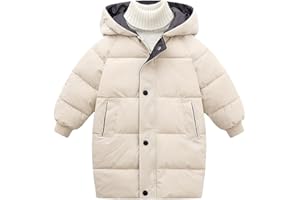 JiAmy Kids Boys Girls Down Jacket Hooded Long Toddler Warm Winter Coat Snow Outerwear Zipper Button Up Windproof Clothes 2-3 Years Beige