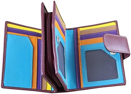 Ladies Luxury High Quality Soft Burgundy Multi Coloured Inside Hand Stitched Real Nappa Leather RFID blocking Small Multi Compartment Purse Large Multi Credit Card Wallet with Zip Up Coin Compartment