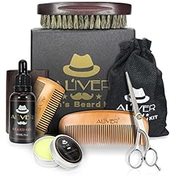 Kit de Toilettage de Barbe pour les Hommes, Brosse de Moustache + Revitalisant Barbe Fragrance Sans Huile + Barbe Baume + Barbe Couper, Forme et Croître - 6 set