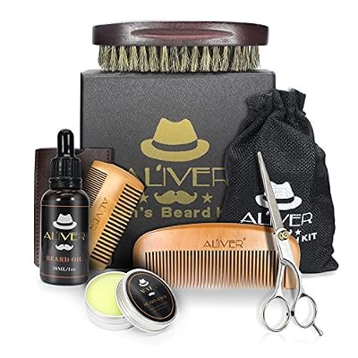 LeSB 8 PCS Kit de Soins de Barbe, LeSB huile à barbe kit, Huile à barbe naturelle, Baume à barbe bio, Un ciseaux à barbe acier inoxydable, Deux peigne à barbe, Une brosse à barbe en Soie de Porc, Cadeau Idéal pour homme