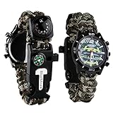6 in 1 Survival Armband Armbanduhr, multifunktional Notfall Survival Uhr mit Paracord Pfeife Schaber Fire Starter Kompass und Thermometer, Camping Wandern Fist-Hilfe-Set, grün