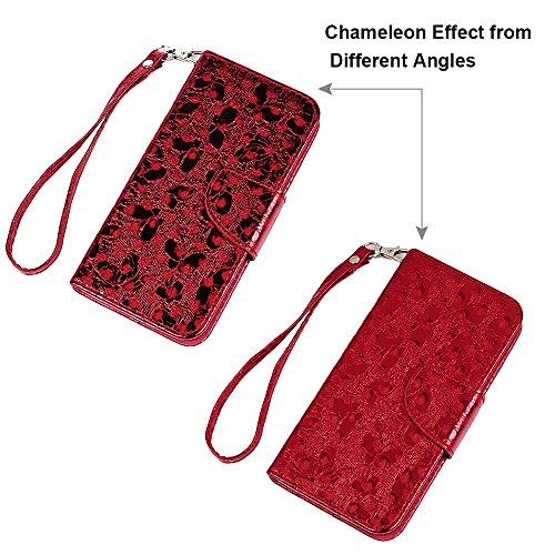 Wiko Lenny2 Hülle Badalink Schutzhülle Leder PU+TPU Handyhülle Glitzer 3D Schmetterling Rot Handytasche Wallet Case Ständer Magnet-Schloss Cover Flipcase + Eingabestifte+Staubschutz Stecker - 3
