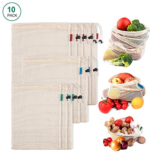 Deyard Sacs Organique Produit en Maille de Coton Biologique Naturel Sac à Provisions Ecologique Lavable pour Épicerie de Fruits et Légumes et Rangement de Jouets 10 PCS