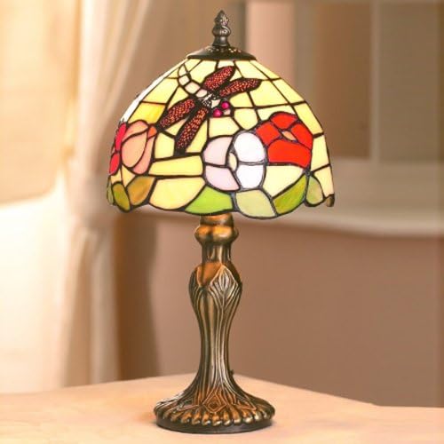 Small Dragonfly Floral Tiffany Shade Antique Brass Base Table Lamp, Beige / Multi - 20 cms